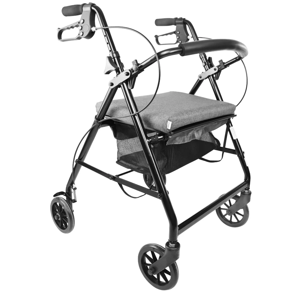 Andadores para Adultos, Andador para Personas Mayores con Asiento 4 Ruedas Freno Maneta Gris Negro | KMINA | K10012