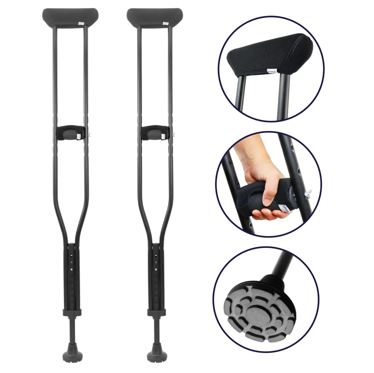 Muletas Axilares Acolchadas (x2 uds), Ortopédicas Adulto Aluminio Negras | KMINA